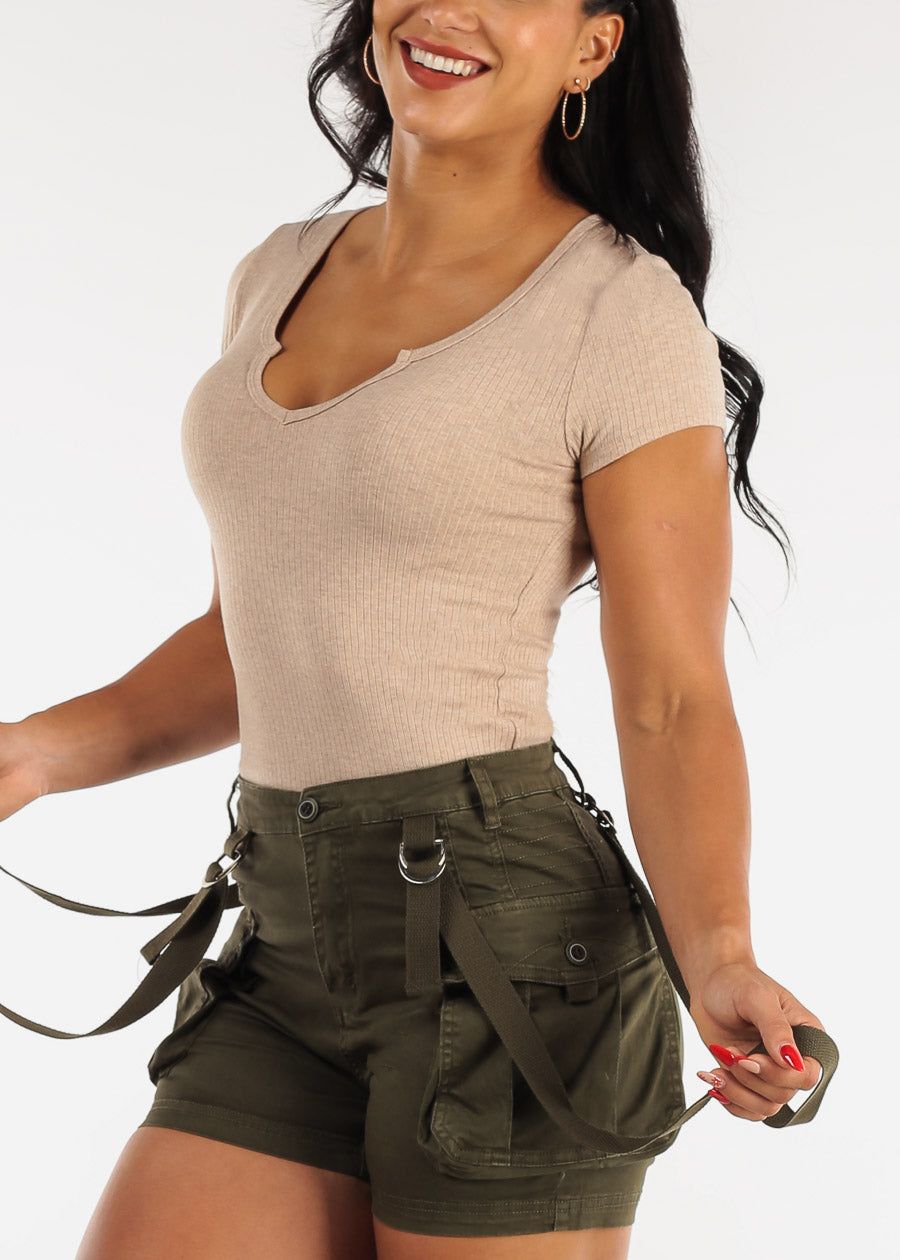 Short Sleeve Notched Ribbed Top Mocha sold by Moda