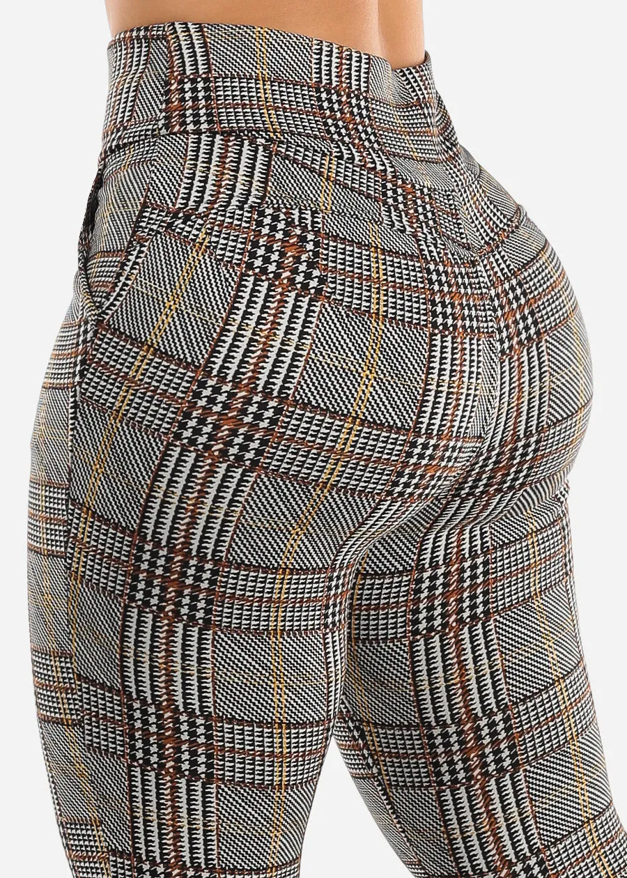 High Waist Pull On Levantacola Plaid Skinny Pants White sold by Moda
