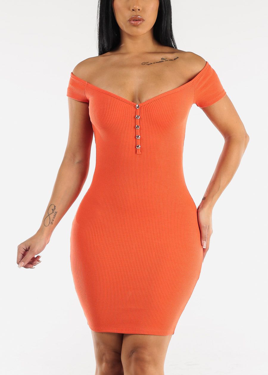 Off Shoulder Ribbed Bodycon Mini Dress Orange sold by Moda