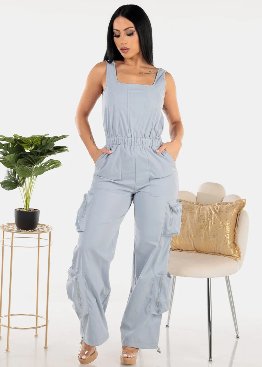 Sleeveless Wide Legged Cargo Jumpsuit Slate Blue sold by Moda