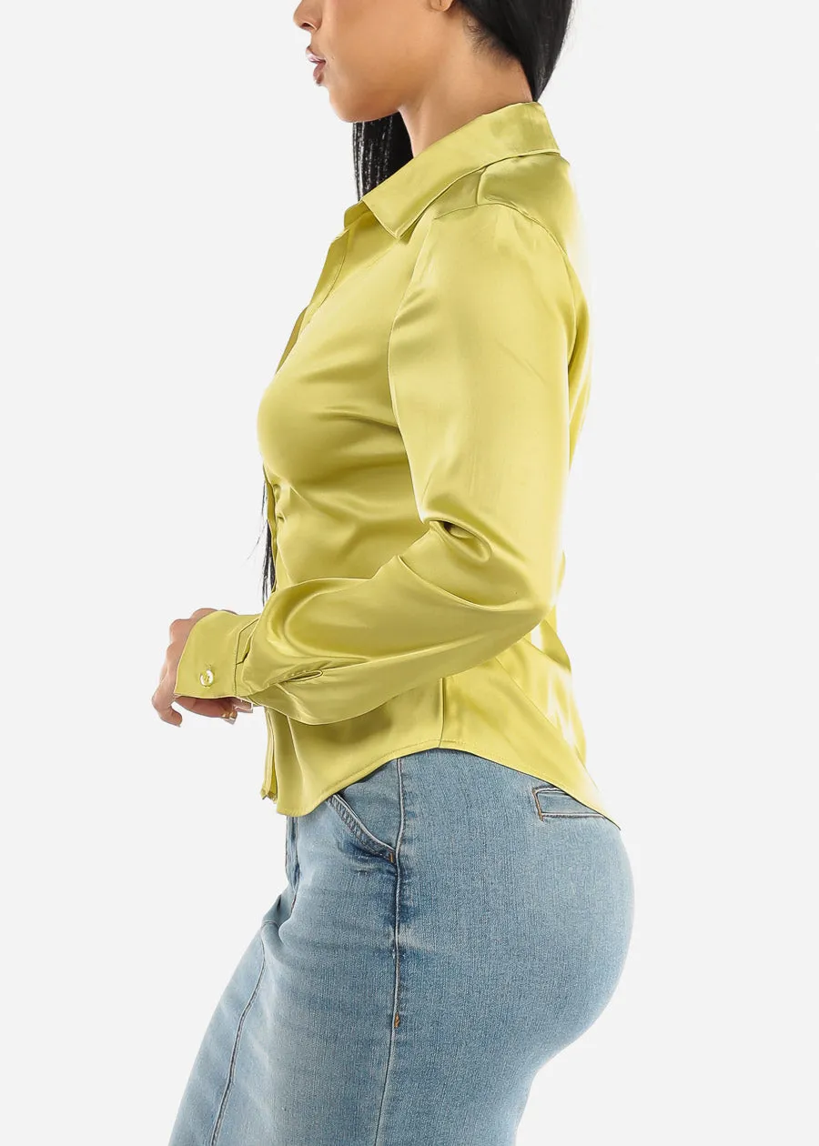 Satin Long Sleeve Button Up Ruched Shirt Lime sold by Moda product image thumbnail 3