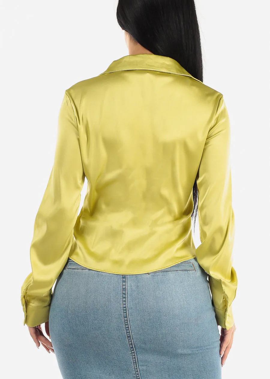 Satin Long Sleeve Button Up Ruched Shirt Lime sold by Moda product image thumbnail 4