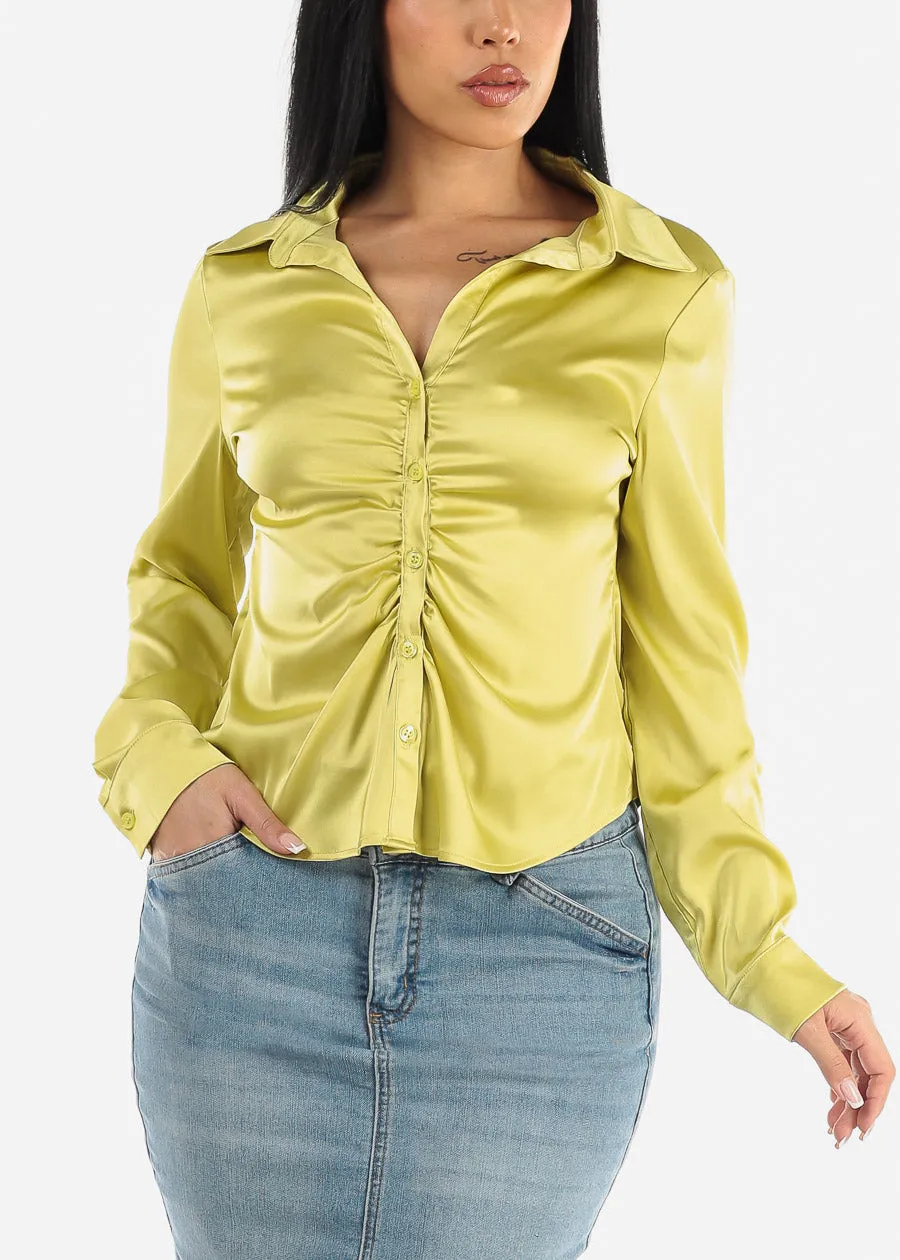 Satin Long Sleeve Button Up Ruched Shirt Lime sold by Moda