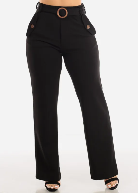 Black High Waist Wide Leg Straight Dressy Pants w Belt sold by Moda