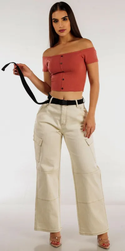 Belted Wide Leg Ivory Cargo Pants with Rust Off Shoulder Ribbed Crop Top sold by Moda