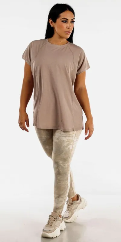 Beige Workout Printed Leggings Open Back Printed Beige Sports Bra and Crewneck Tunic Tee made by Moda