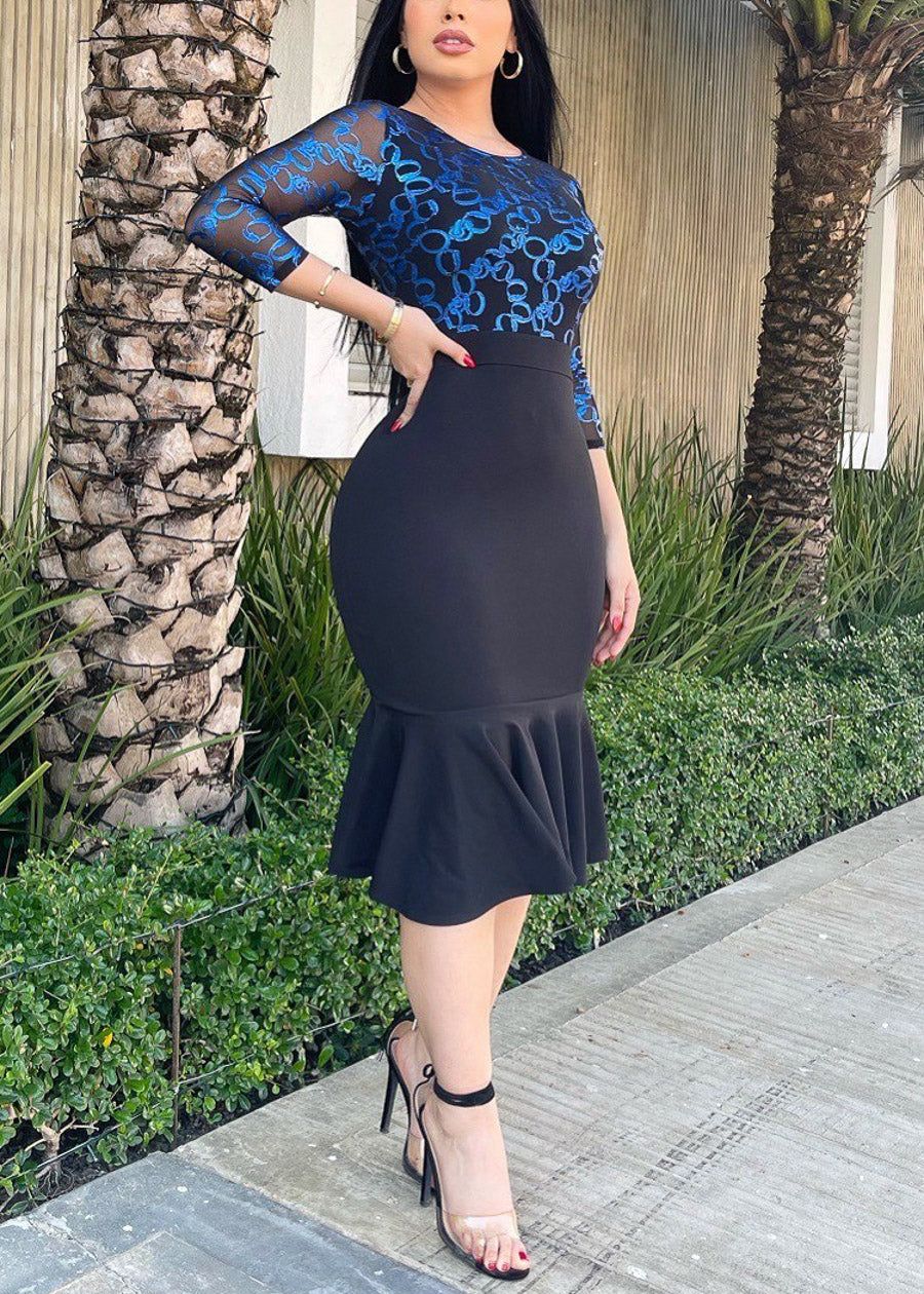 Black Peplum Bodycon Midi Dress with Shiny Blue Design sold by Moda product image thumbnail 2
