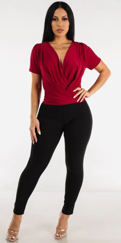 Black Levantacola Dressy Skinny Pants with Wine Short Sleeve Surplice Blouse sold by Moda