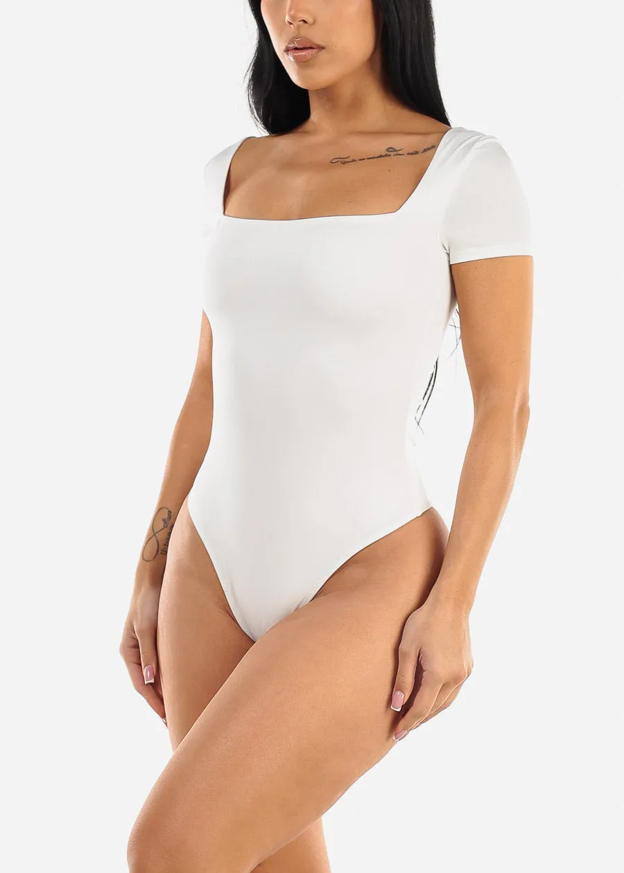 White Short Sleeve Square Neck Thong Bodysuit sold by Moda