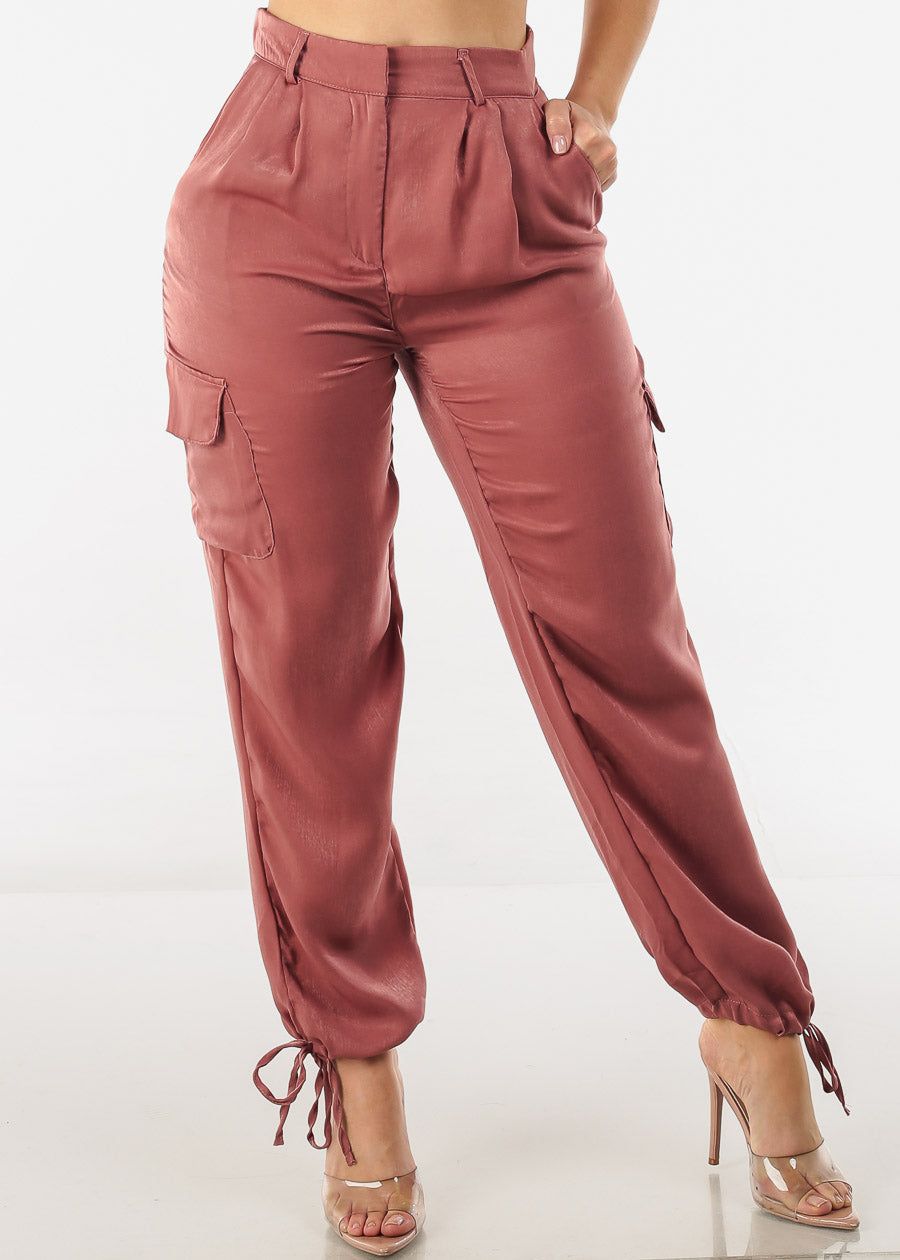 High Waist Drawstring Hem Cargo Pants Dusty Pink sold by Moda
