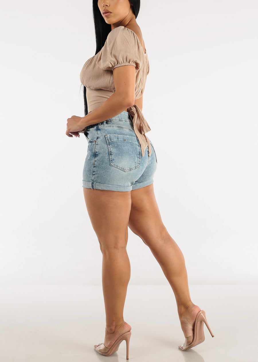 Distressed High Waist Cuffed Denim Shorts Blue sold by Moda product image thumbnail 5