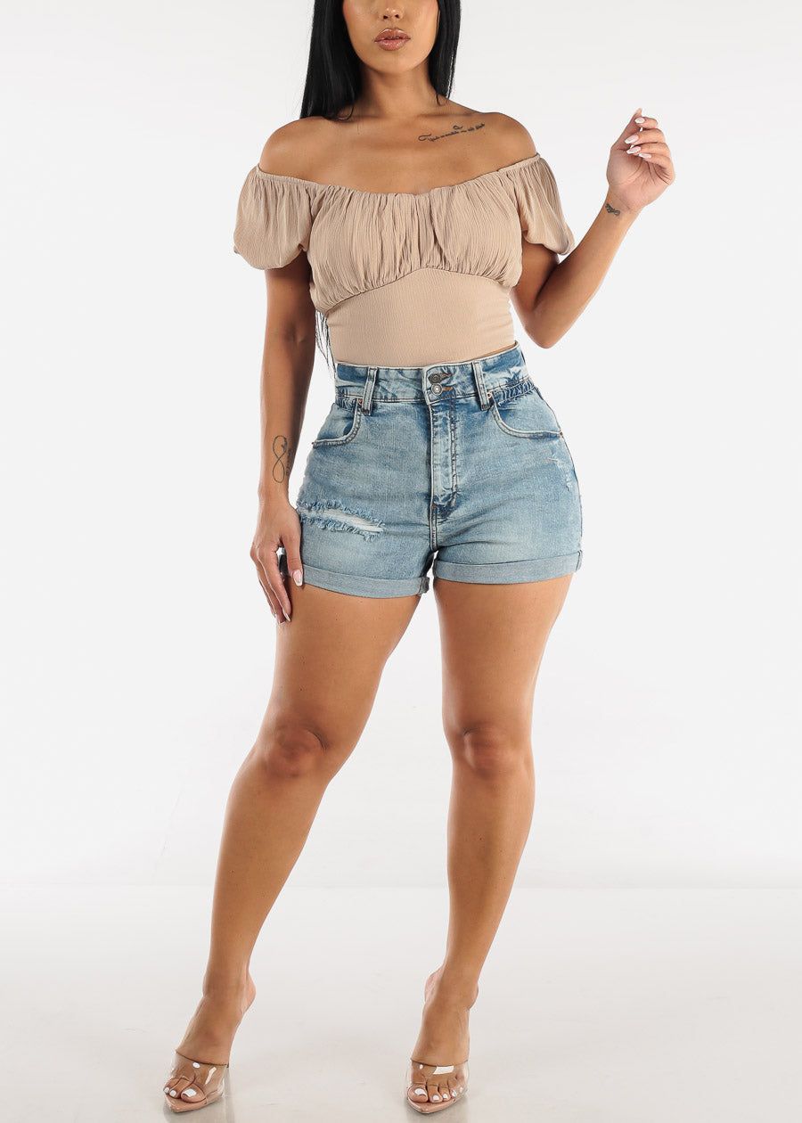 Distressed High Waist Cuffed Denim Shorts Blue sold by Moda product image thumbnail 2