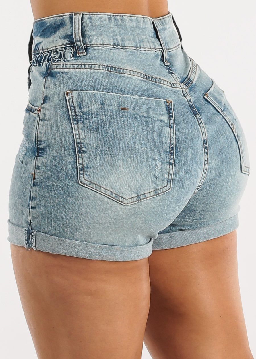 Distressed High Waist Cuffed Denim Shorts Blue sold by Moda product image thumbnail 4