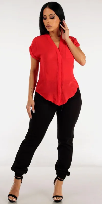Black Drawstring Waist Jogger Pants with Vneck Red Button Up Shirt sold by Moda