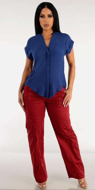 Brick Wide Legged Cargo Pants with Blue Vneck Button Up Shirt sold by Moda