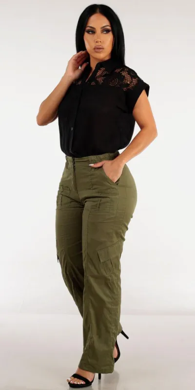 Olive Wide Legged Cargo Pants with Black Button Up Short Sleeve Shirt sold by Moda