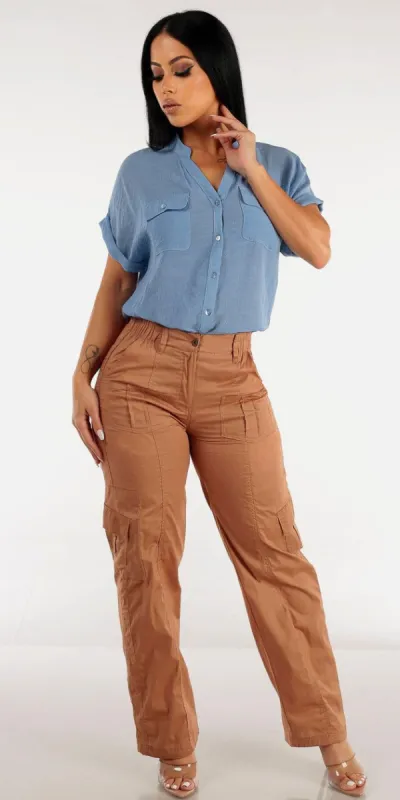 Mocha Wide Legged Cargo Pants with Light Blue Button Up Short Sleeve Shirt sold by Moda