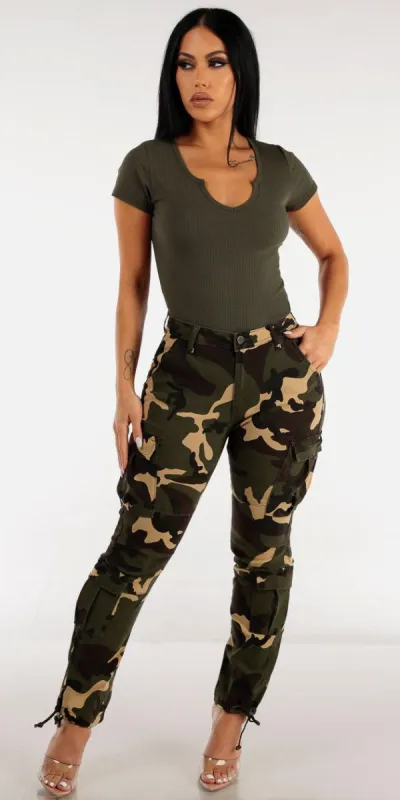 High Waisted Camouflage Cargo Pants with Basic Short Sleeve Olive Top sold by Moda