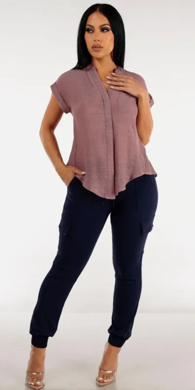 Navy Hyper Stretch Cargo Joggers with Button Up Short Sleeve Mauve Shirt sold by Moda