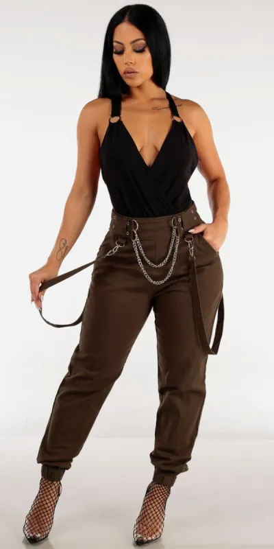 Olive High Waisted Chain Joggers with Sleeveless Surplice Black Bodysuit sold by Moda