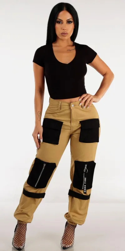 High Rise Khaki Utility Jogger Pants with Black Vneck Short Sleeve Crop Top made by Moda