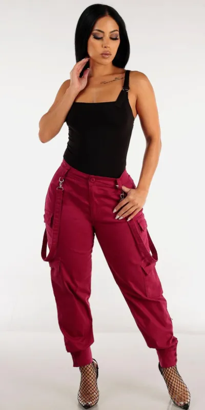 High Rise Burgundy Cargo Jogger Pants with Sleeveless Square Neck Black Bodysuit sold by Moda