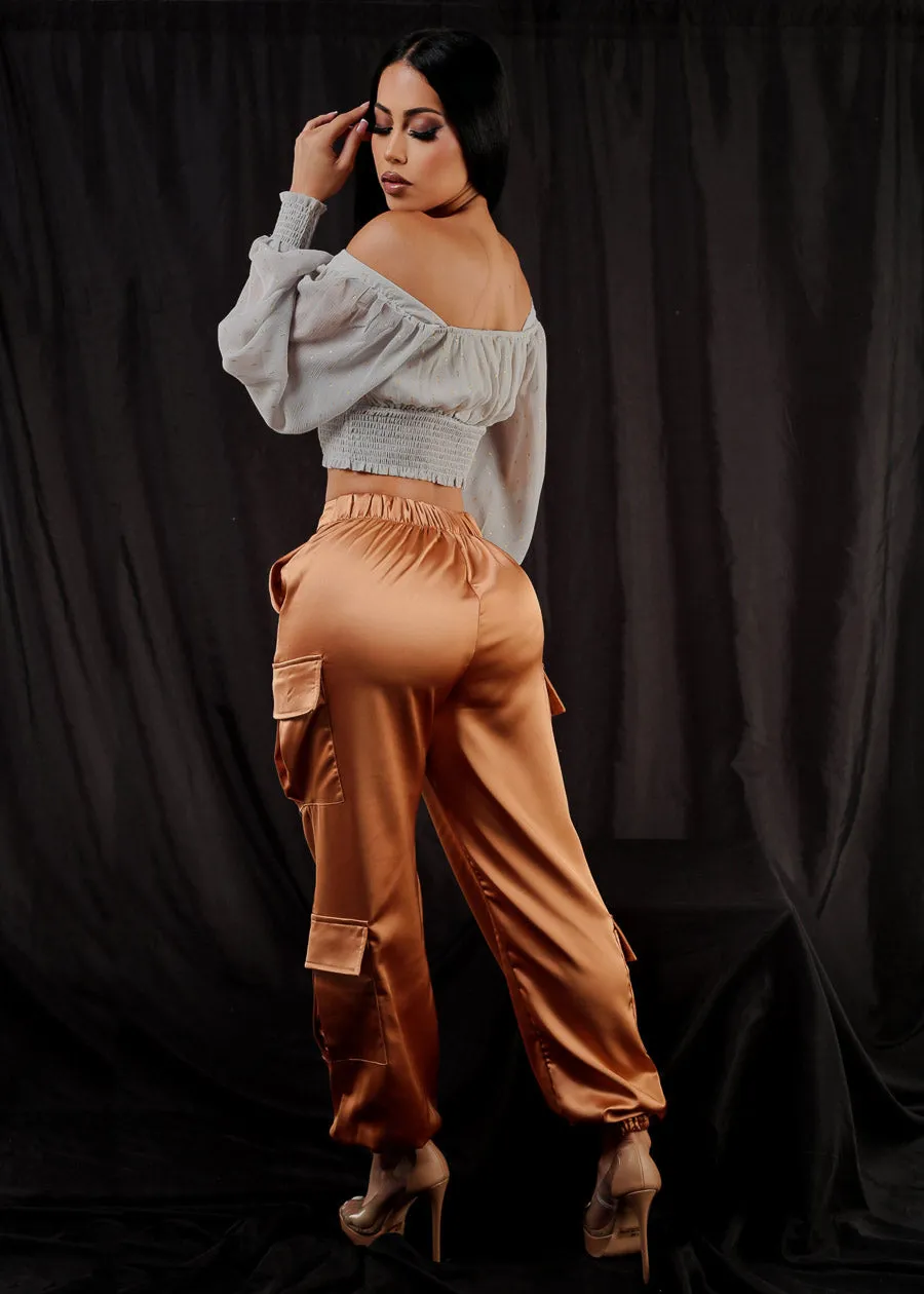 Super High Rise Satin Cargo Jogger Pants Rose Gold sold by Moda product image thumbnail 3