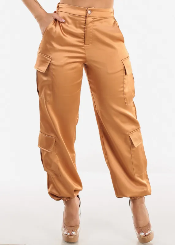 Super High Rise Satin Cargo Jogger Pants Rose Gold sold by Moda