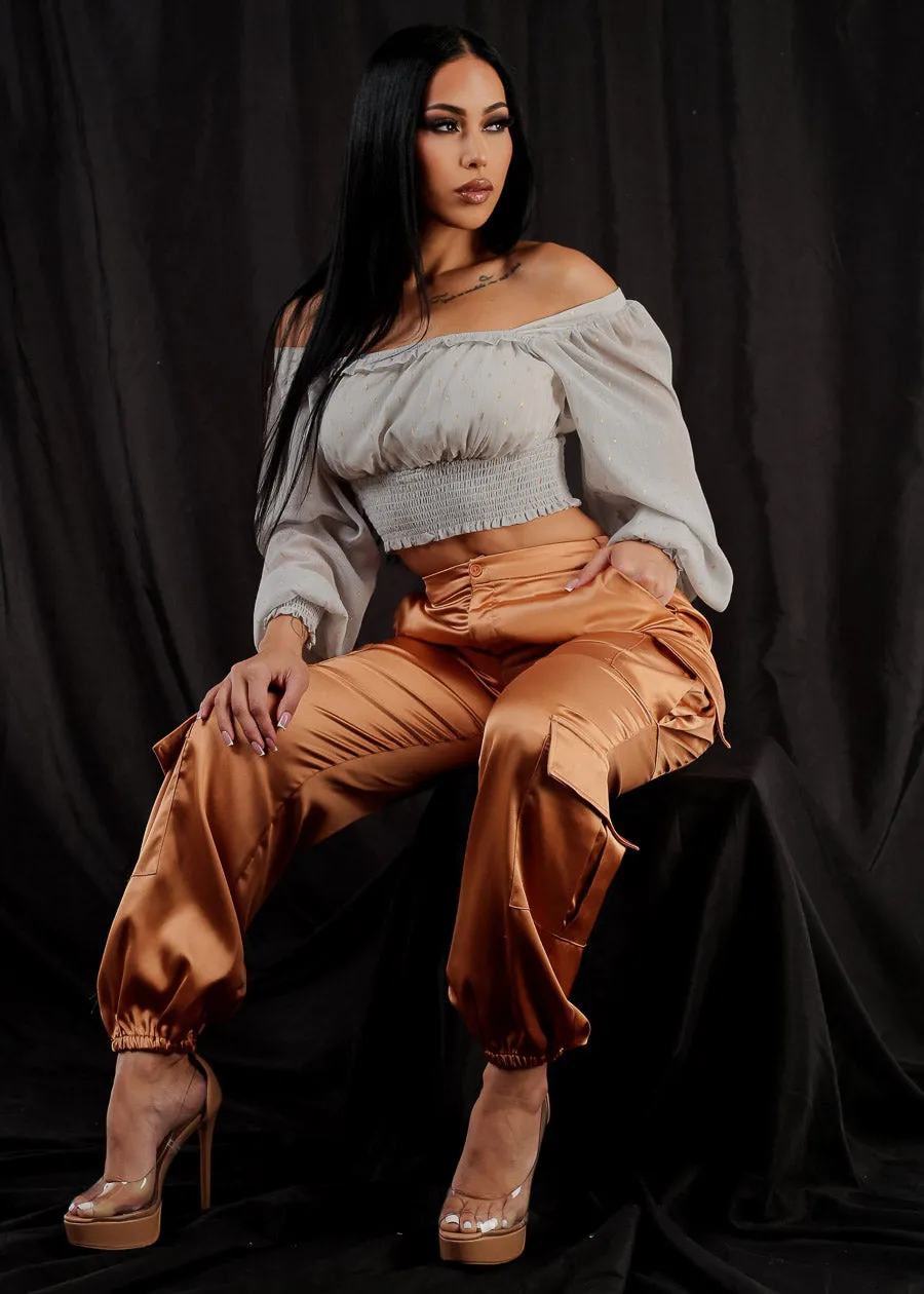 Super High Rise Satin Cargo Jogger Pants Rose Gold sold by Moda product image thumbnail 2