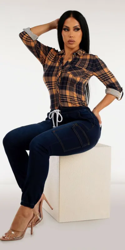 Drawstring Waist Dark Blue Denim Cargo Joggers with Long Sleeve Button Up Plaid Shirt sold by Moda