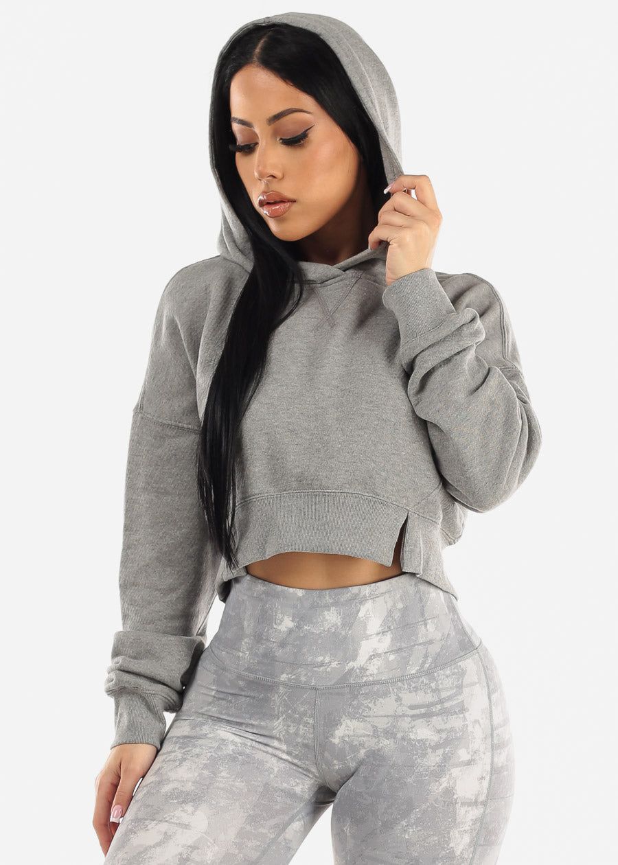 Long Sleeve Cropped Pullover Hoodie Heather Grey sold by Moda