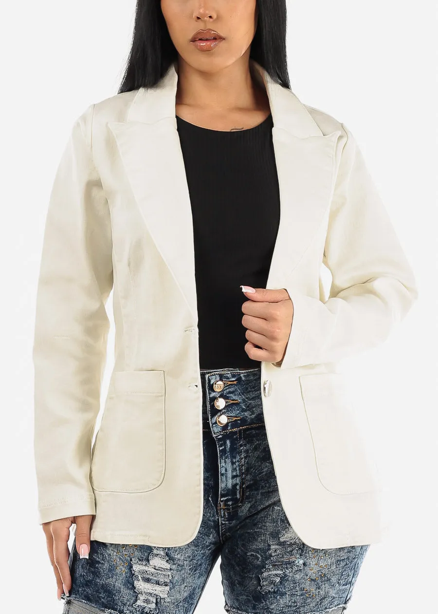 Long Sleeve Ivory Denim Blazer w Pockets sold by Moda