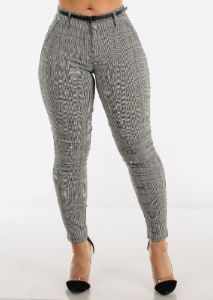 Belted Checkered High Waisted Skinny Pants sold by Moda