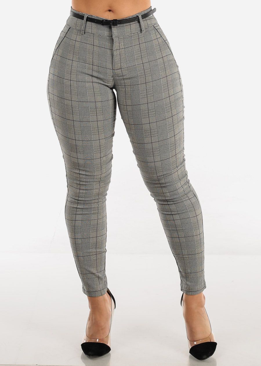 Belted Checkered High Waisted Skinny Pants sold by Moda