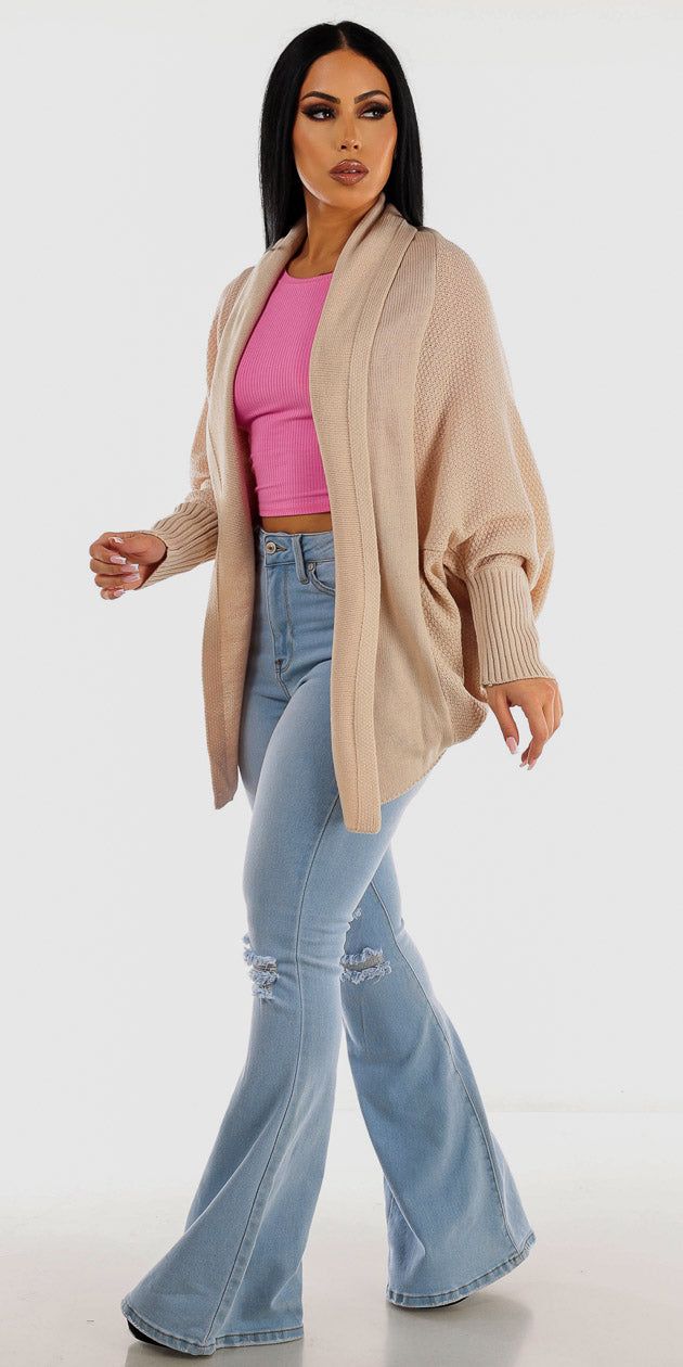 High Waisted Ripped Flared Bell Bottom Jeans Pink Long Sleeve Crop Top and Beige Long Sleeve Knitted Cardigan sold by Moda