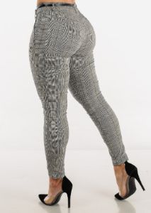 Belted Checkered High Waisted Skinny Pants sold by Moda