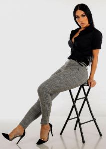 Belted Checkered High Waisted Skinny Pants sold by Moda