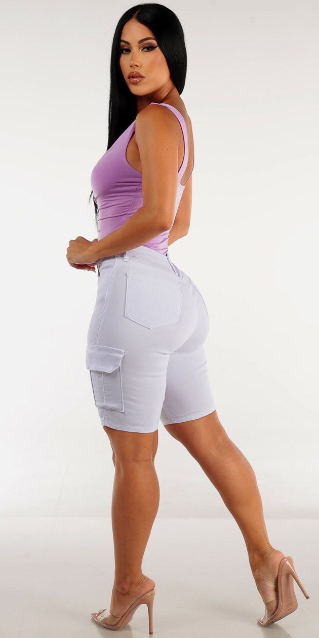 White Hyper Stretch Cargo Bermuda Shorts with Lilac Sleeveless Ruched Bodysuit sold by Moda product image thumbnail 2