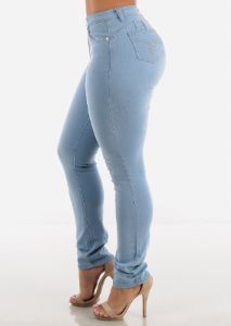 High Waist Butt Lift Light Blue Straight Jeans sold by Moda