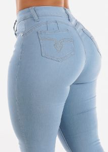 High Waist Butt Lift Light Blue Straight Jeans sold by Moda