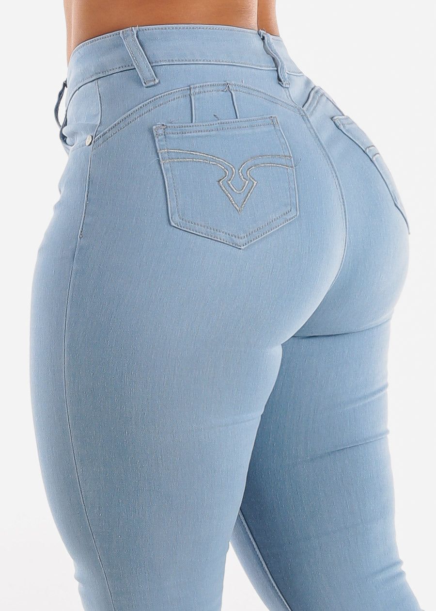 High Waist Butt Lift Light Blue Straight Jeans sold by Moda
