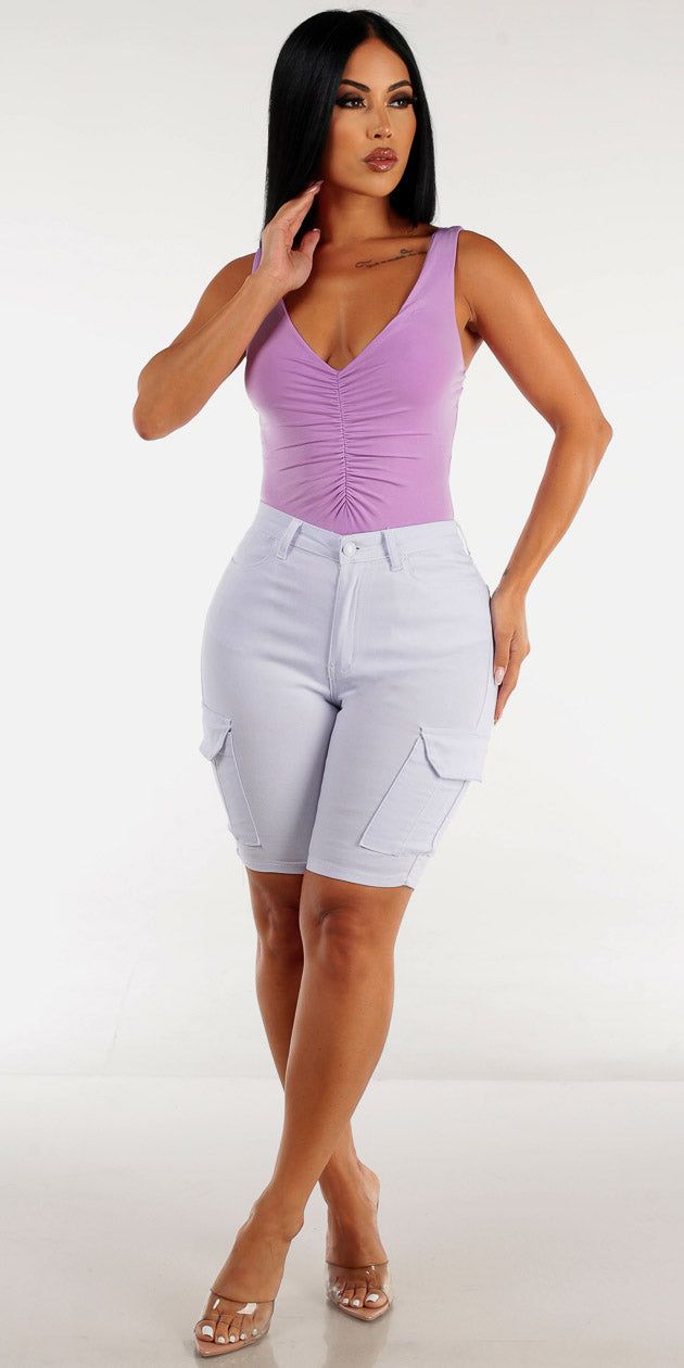 White Hyper Stretch Cargo Bermuda Shorts with Lilac Sleeveless Ruched Bodysuit sold by Moda
