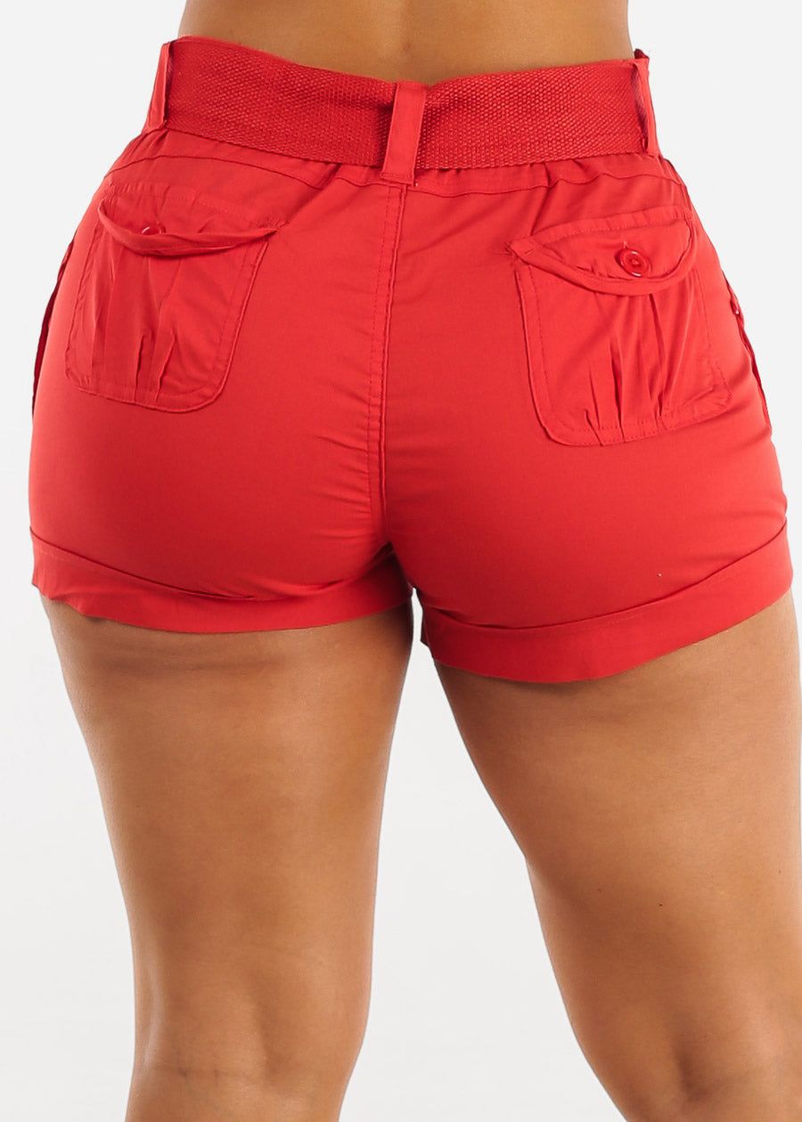 High Waisted Red Utility Cargo Shorts w Belt sold by Moda product image thumbnail 4