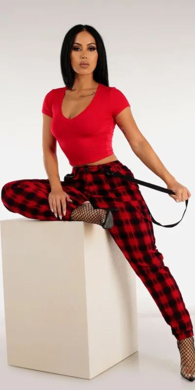 High Waisted Red Plaid Jogger Pants with Short Sleeve Vneck Red Crop Top sold by Moda
