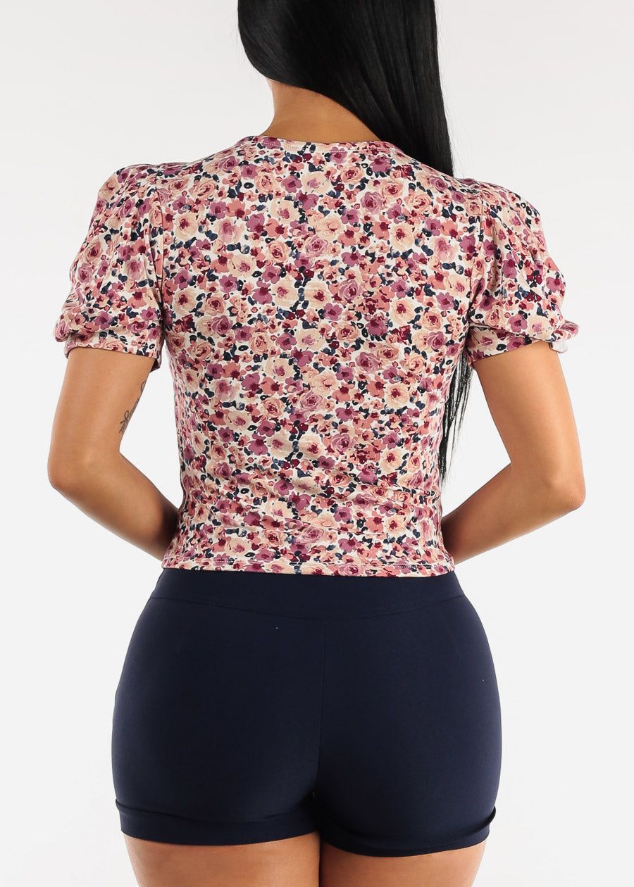 V Neck Floral Short Puff Sleeve Top Mauve sold by Moda product image thumbnail 4