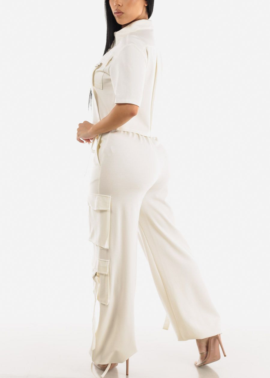 White Short Sleeve Button Up Shirt & Strappy Cargo Pants (2 PCE SET) sold by Moda product image thumbnail 4