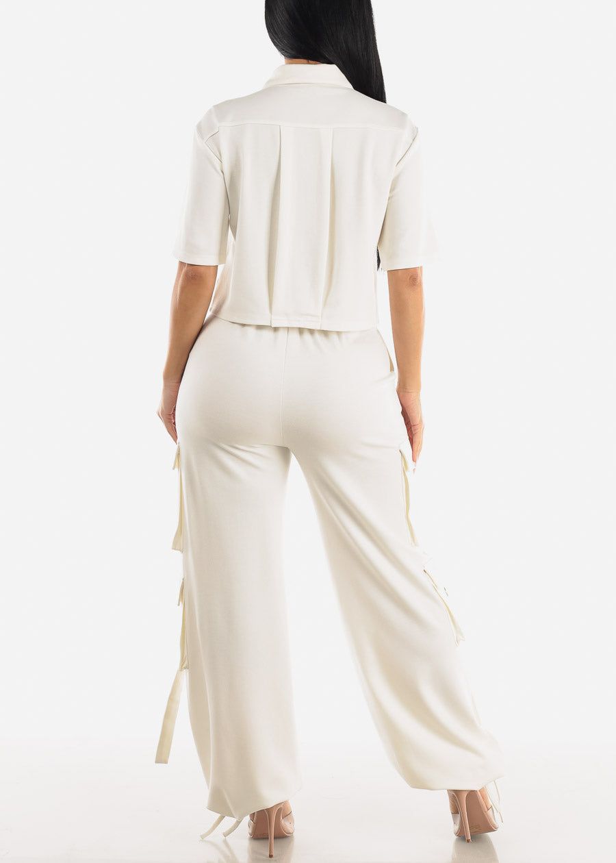 White Short Sleeve Button Up Shirt & Strappy Cargo Pants (2 PCE SET) sold by Moda product image thumbnail 3