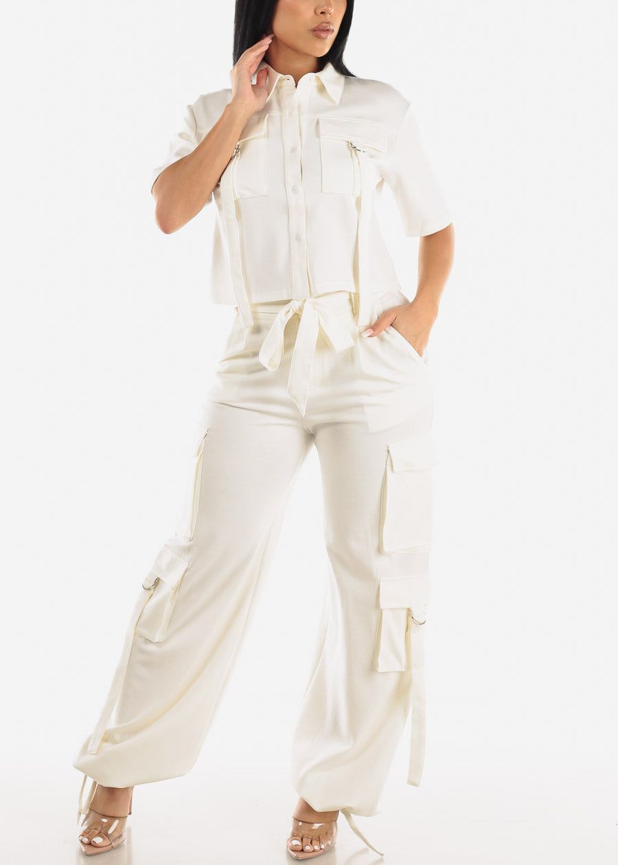White Short Sleeve Button Up Shirt & Strappy Cargo Pants (2 PCE SET) sold by Moda