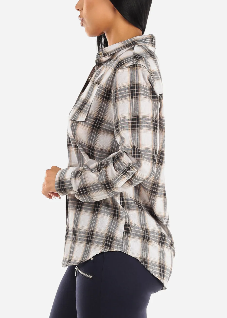 Plaid Button Up Long Sleeve Cotton Shirt Ivory sold by Moda product image thumbnail 3