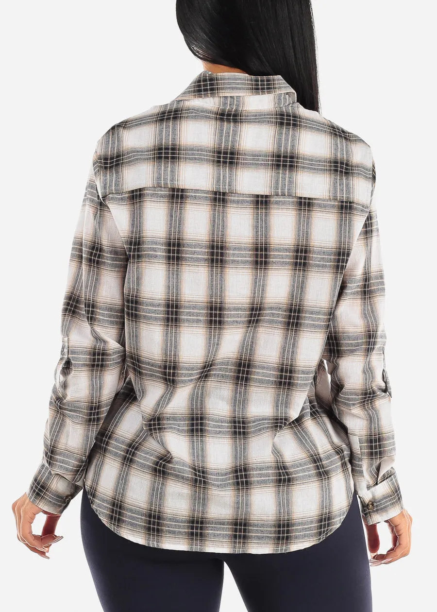 Plaid Button Up Long Sleeve Cotton Shirt Ivory sold by Moda product image thumbnail 4